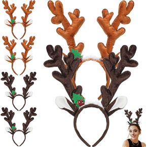 Zubebe 6 Pcs Christmas Reindeer Antlers Headband Cute Deer Antler Ears Headband with Bells Lighted Party Favor for Adult Kids(Dark Coffee, Tan, Classic)