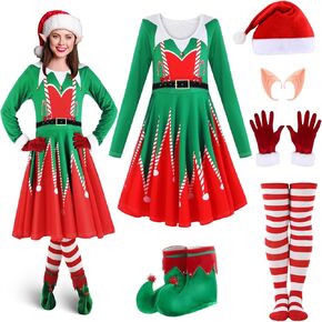 10 Pcs Christmas Elf Costumes Set for Women Christmas Elf Outfit Dress Shoes Accessories for Adult Xmas Cosplay