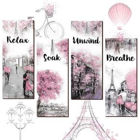 Gerrii Pink and Grey Bathroom Decor Pink Paris Decor Relax Soak Unwind Breathe Pink Gray Wall Art Pink Bathroom Accessories (Rectangle, 11.81 x 3.15 Inch)