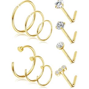 Besteel 10 Pcs 20G Nose Ring Hoop Studs 14k Gold Filled Nose Ring Round CZ Heart Simulated Diamond Nose Stud Piercing Jewelry L Shaped Stud Nose Ring