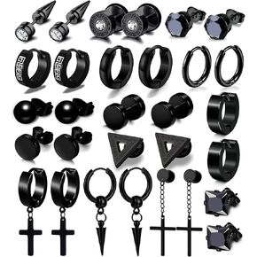 15 Pairs Earrings for Men, Stainless Steel Earrings Stud Kit for Men Women Fashion Piercing Jewelry Cross Dangle Hoop Earrings Set