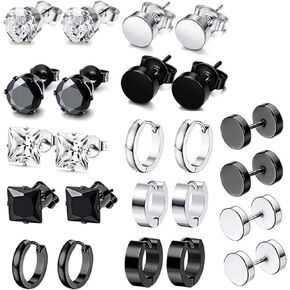 10-12 Pairs Earrings for Men Women, Stainless Steel Black Stud Earrings Set for Boys Girls Gift with Box