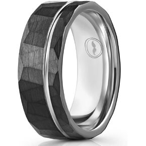 Men's Tungsten Carbide Wedding Band - Premium Grade Hammered Brushed Wedding Ring for Men (Black with Polished White Gold Strip) - With Silicon Band, Leather Pouch, & Luxury Walnut Ring Box