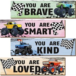 Geetery 4 Pcs Truck Bedroom for Son Wall Decor Construction Trucks Room Decor Inspirational Racing Car Wooden Hanging Sign Motivational Quote Car Decoration for Bedroom Living Room Women Men