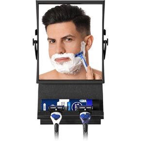 Shower Mirror Fogless and Shower Hook - Dual-Sided 1X/3X Magnification, Anti-Fog Shaving Mirror with Squeegee, Rust-Proof, Black