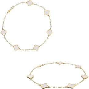 14K Gold Clover Lucky Bracelet for Women White Bracelets Cute Bracelets Jewelry Gifts Trendy for Women Mother of Pearl Bracelet, 7 Inches Italian Charm & 100% Solid Gold Chain, Package may vary