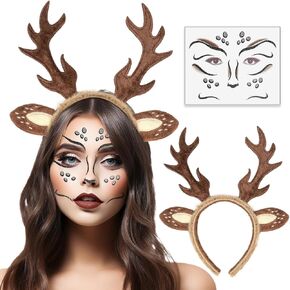 MOVINPE Reindeer Antlers Headband & Face Tattoos, Deer Ears Animal Fluffy Headpiece with Temporary Face Sticker Gem Cosplay Deer Costume for Christmas Halloween