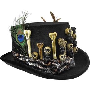 Nicky Bigs Novelties Deluxe Adult Black Voodoo Top Hat With Skulls Bones Feathers Gothic Witch Doctor Costume Headpiece