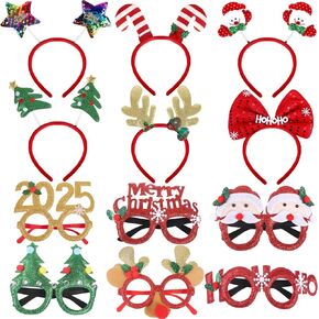 12PCS Christmas Headbands and Christmas Glasses Set, Cute Glitter Christmas Party Favors Antlers, Christmas Tree, Snowman Pattern for Christmas Costume Decorations(6 Headband + 6 Glasses)
