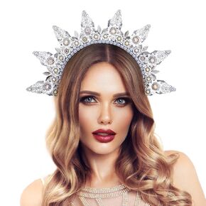 Silver Halo Crown Headband - Sunburst Headwear Spiked Headdress Virgin Mary Goddess Headpiece For Halloween Cosplay Renaissance Rhinestone Hair Accessories