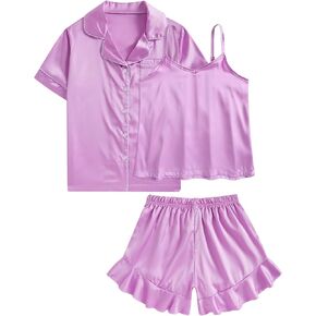 Funnycokid Girls Pajama Sets 3 Piece Satin Sleepwear Solid Color Summer Nightwear Button Down Silky Loungewear Size 6-13