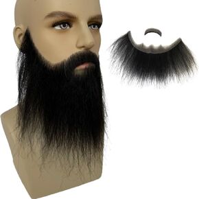 Fake Beard Human Hair Full Hand Tied Facial Hair False Beards Lace Invisible Face Mustache for Party Makeup Cosplay Costume Party 6-7INCH (Black Color)