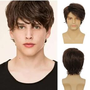 Black Wigs for Men Short Side Part Natural Layered Fluffy Synthetic Mens Wig for Daily Party Halloween Cosplay with Wig Cap