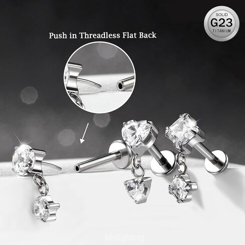 Melighting 16G Threadless Earring Titanium G23 Dangle Cartilage Earring Threadless Push in Flat Back Earring Clear CZ Helix Earring Labret Tragus Stud for Women 6mm 8mm in Saudi Arabia
