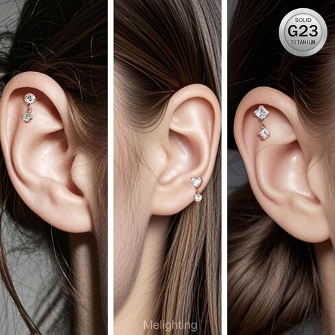 Melighting 16G Threadless Earring Titanium G23 Dangle Cartilage Earring Threadless Push in Flat Back Earring Clear CZ Helix Earring Labret Tragus Stud for Women 6mm 8mm in Saudi Arabia