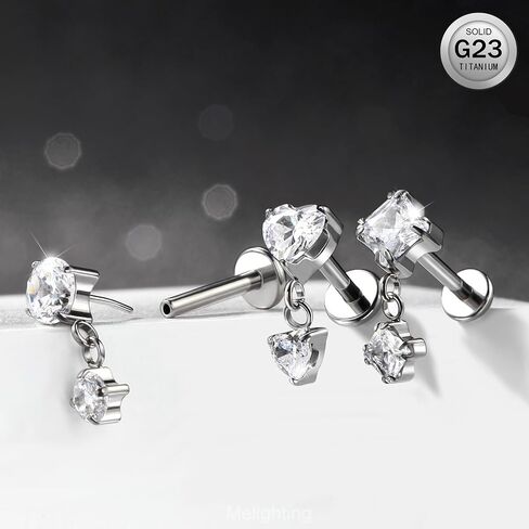 Melighting 16G Threadless Earring Titanium G23 Dangle Cartilage Earring Threadless Push in Flat Back Earring Clear CZ Helix Earring Labret Tragus Stud for Women 6mm 8mm in Saudi Arabia