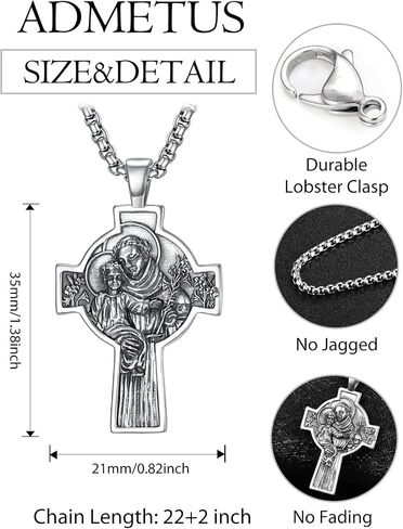 ADMETUS 925 Sterling Silver Patron Saint Necklace | Amulet Necklace Cross Jewelry for Men with 2.5mm 22"+2" Rolo Chain in Kuwait