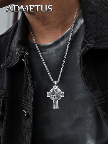 ADMETUS 925 Sterling Silver Patron Saint Necklace | Amulet Necklace Cross Jewelry for Men with 2.5mm 22"+2" Rolo Chain in Kuwait