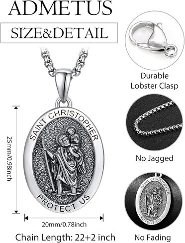 ADMETUS 925 Sterling Silver Patron Saint Necklace | Amulet Necklace Cross Jewelry for Men with 2.5mm 22"+2" Rolo Chain in Kuwait