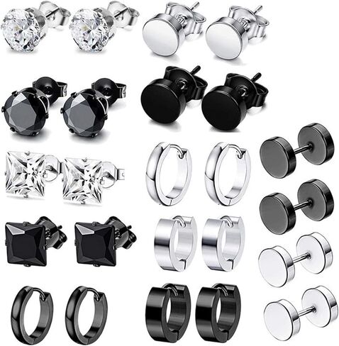10-12 Pairs Earrings for Men Women, Stainless Steel Black Stud Earrings Set for Boys Girls Gift with Box in Kuwait