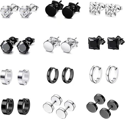 10-12 Pairs Earrings for Men Women, Stainless Steel Black Stud Earrings Set for Boys Girls Gift with Box in Kuwait