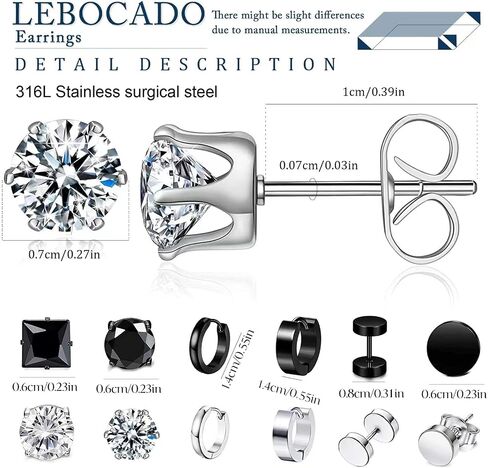 10-12 Pairs Earrings for Men Women, Stainless Steel Black Stud Earrings Set for Boys Girls Gift with Box in Kuwait