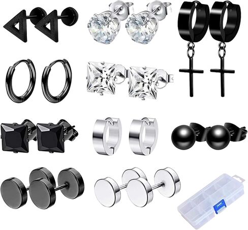 10-12 Pairs Earrings for Men Women, Stainless Steel Black Stud Earrings Set for Boys Girls Gift with Box in Kuwait