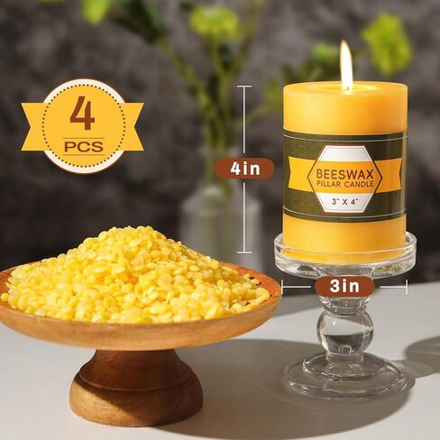 2 Packs Natural Beeswax Pillar Candles,100% Pure Bees Wax Candles 120-140 Hours Burn Time Unscented Beeswax Candle Smokeless Dripless Candle for Home Decor Paryer Christmas, 3x4in in Saudi Arabia