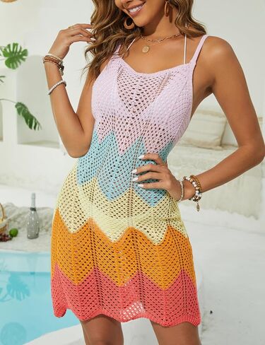 Women Swimsuit Cover Ups Summer Sleeveless Striped Color Block Bathing Suit Swimwear Hollow Out Knit Dress in Saudi Arabia