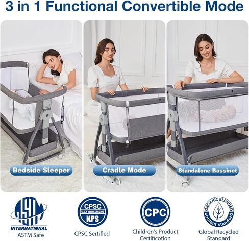 Jixrolyn 3 in 1 Baby Bassinet Bedside Sleeper, Height Adjustable Bedside Bassinet for Newborn and Infant with Mattress, Storage Basket, and Wheels (Grey) in Saudi Arabia