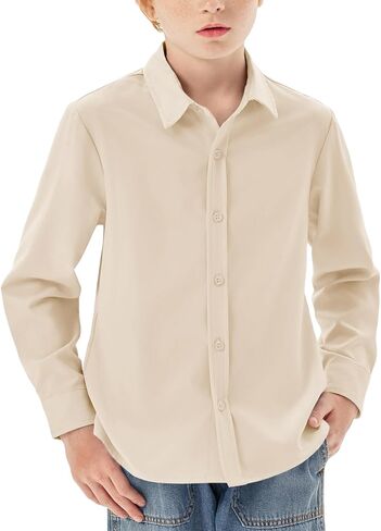 قمصان للأولاد بأكمام طويلة للأطفال، قميص كلاسيكي بياقة وأزرار سفلية، قمصان مدرسية موحدة للأعمار من 5 إلى 14 عامًا in Kuwait