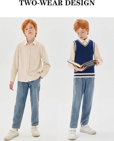 قمصان للأولاد بأكمام طويلة للأطفال، قميص كلاسيكي بياقة وأزرار سفلية، قمصان مدرسية موحدة للأعمار من 5 إلى 14 عامًا in Kuwait