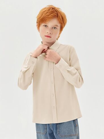 قمصان للأولاد بأكمام طويلة للأطفال، قميص كلاسيكي بياقة وأزرار سفلية، قمصان مدرسية موحدة للأعمار من 5 إلى 14 عامًا in Kuwait