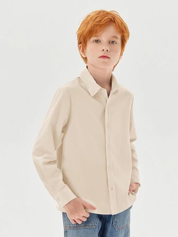 قمصان للأولاد بأكمام طويلة للأطفال، قميص كلاسيكي بياقة وأزرار سفلية، قمصان مدرسية موحدة للأعمار من 5 إلى 14 عامًا in Kuwait