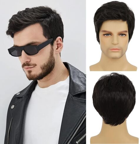 Black Wigs for Men Short Side Part Natural Layered Fluffy Synthetic Mens Wig for Daily Party Halloween Cosplay with Wig Cap in Saudi Arabia