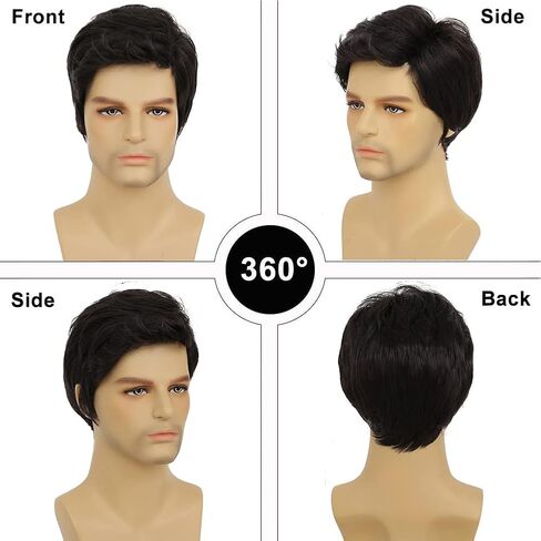 Black Wigs for Men Short Side Part Natural Layered Fluffy Synthetic Mens Wig for Daily Party Halloween Cosplay with Wig Cap in Saudi Arabia