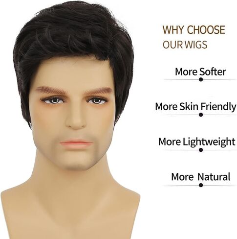 Black Wigs for Men Short Side Part Natural Layered Fluffy Synthetic Mens Wig for Daily Party Halloween Cosplay with Wig Cap in Saudi Arabia
