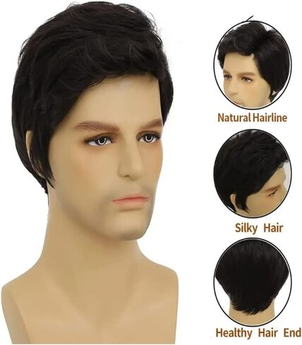 Black Wigs for Men Short Side Part Natural Layered Fluffy Synthetic Mens Wig for Daily Party Halloween Cosplay with Wig Cap in Saudi Arabia