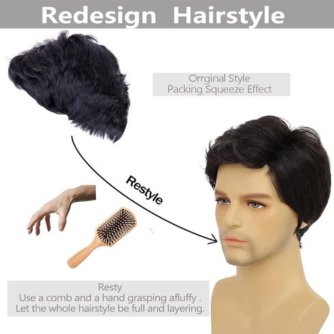 Black Wigs for Men Short Side Part Natural Layered Fluffy Synthetic Mens Wig for Daily Party Halloween Cosplay with Wig Cap in Saudi Arabia