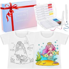 Juexica 2 Pcs Coloring Mermaid T Shirt for Girls Color Your Own Shirt Christmas Coloring Gift with 12 Acrylic Markers and Gift Box