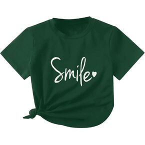 SHENHE Girl's Graphic Letter Print Roll Up Short Sleeve Crewneck T Shirt Tee Tops
