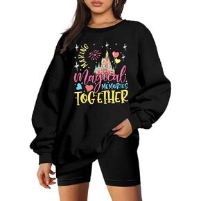MYHALF Oversized Magic Kingdom Sweatshirts Women: Magical Castle Graphic Shirts Funny Letter Print Long Sleeve Crewneck Tops
