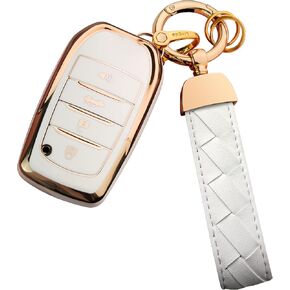 for Toyota Key Fob Cover Keychain Fit for 2025 Camry 2019-2024 Land Cruiser,2021-2024 Venza,Grand Highlander,Hilux,Fortuner,2022-2024 Tundra,Corolla Cross,Prius (Lvory White, 4 Buttons)