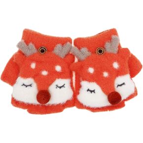 Kids Boy Girls Cute Fox Convertible Gloves with Mitten Cover Knitted Winter Fingerless Flip Top Gloves for Boy Girls Toddler