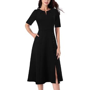 VFSHOW Women Pleated Notch V Neck Pockets Buttons Work Office Business A-Line Midi Dress