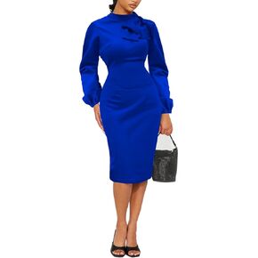 Women's Church Dress Bishop Sleeve Bow Knot Work Casual Elegant Cocktail Party Pencil Midi Dresses