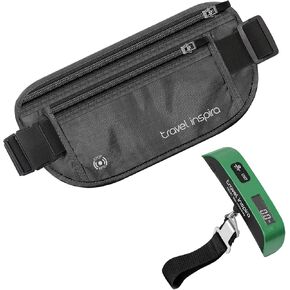 travel inspira RFID Blocking Travel Money Belt with Anti-Thief Zip - Slim Passport Holder and Digital Luggage Scale 110 Pounds, Battery Included