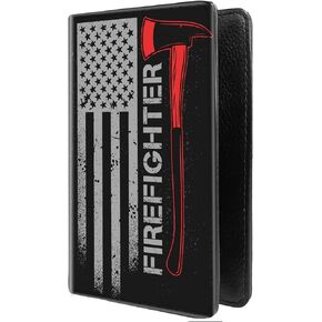 PU Leather Passport Holder Travel Wallet RFID Blocking Card Case Cover With Unique Pattern (Firefighter and Flag of USA-1)