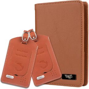 tag8 DOLPHIN Smart Leather Passport Holder Tracker with 2 Smart Luggage Tracker, Passport Wallet and Bag Tags for Luggage with Bluetooth-based GPS Tracker, Anti-Lost-&-Theft Travel Accessories, Tan