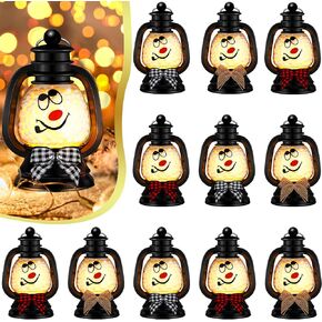 ROCEEI 12 Pcs Christmas Mini Lantern Snowman Lanterns Decorative with Flickering LED Candles Buffalo Plaid Bow Small Winter Portable Tabletop Centerpiece for Xmas Tree Indoor Outdoor Party Decor